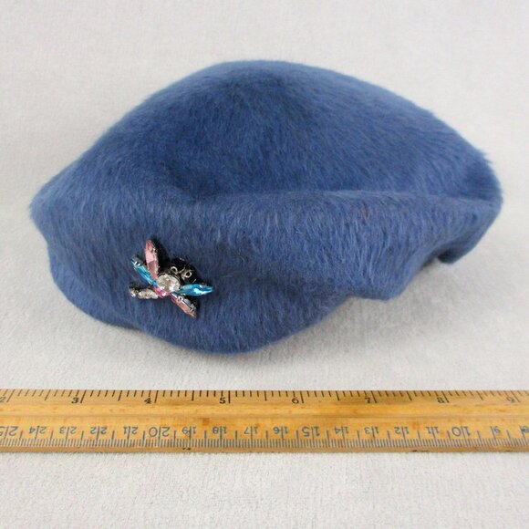 Blue Dragonfly Pillbox Hat Vintage 1950s Fur Felt Rhinestone Crystals - Picture 4 of 6